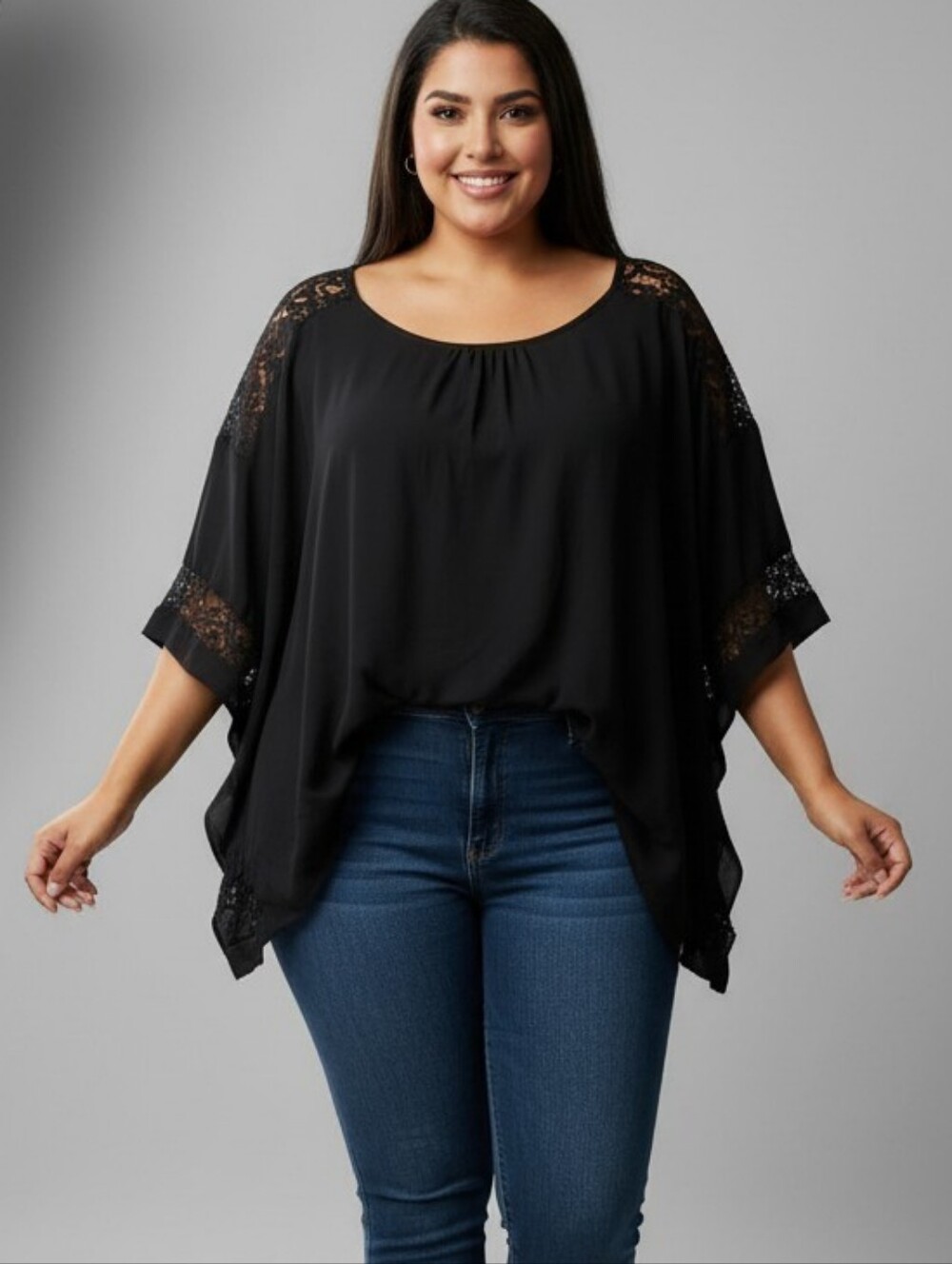 Lane Bryant Black Scoop Neck Tunic with Lace Sleeve Insets